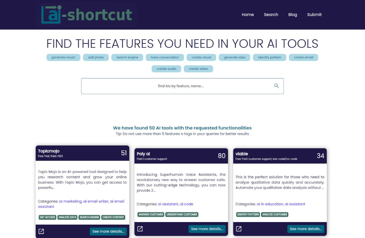 Web de AI-Shortcut, un buscador de herramientas de IA.