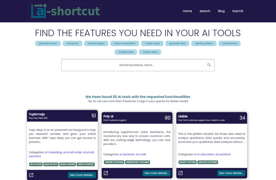 Web de AI-Shortcut, un buscador de herramientas de IA.
