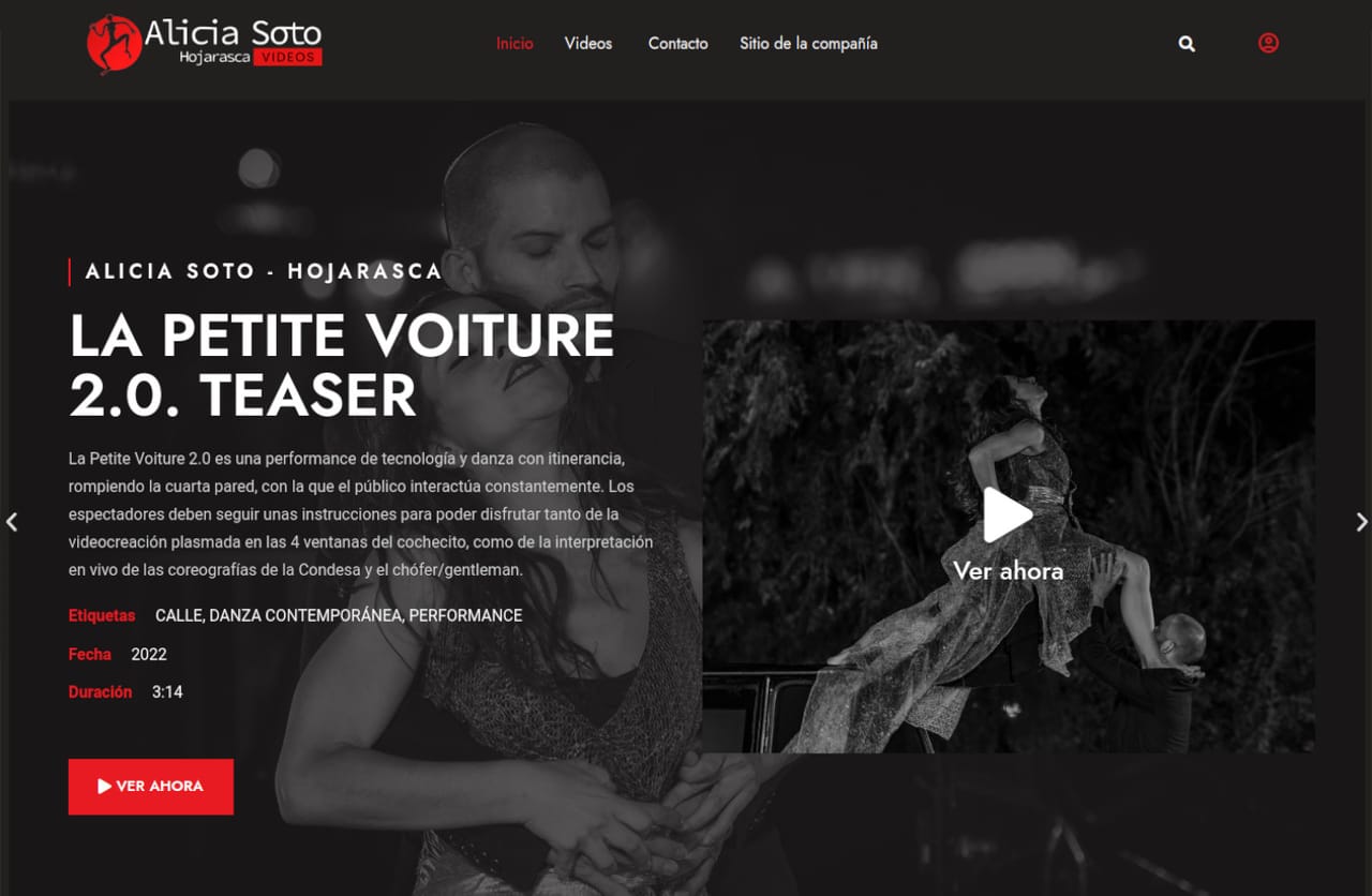 Web de Hojarasca Danza con su reproductor de vídeo propio.