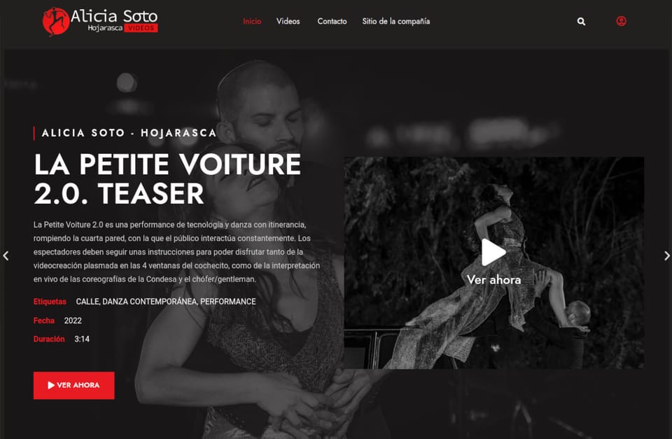 Web de Hojarasca Danza con su reproductor de vídeo propio.