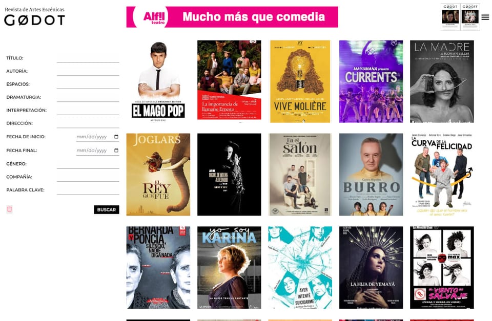 Buscador de obras de Revista GODOT: lista de obras con filtros por actor, compañía y fecha.